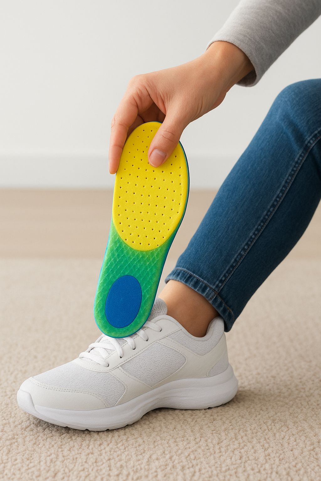 Person holding a colorful shoe insole next to a white sneaker on a neutral background